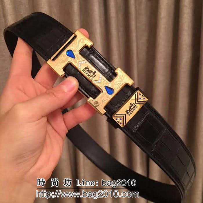 愛馬仕HERMES 純手工美洲鱷魚無拼接肚皮 專櫃鑲鑽藍寶石 高端男士皮帶 HHG1373